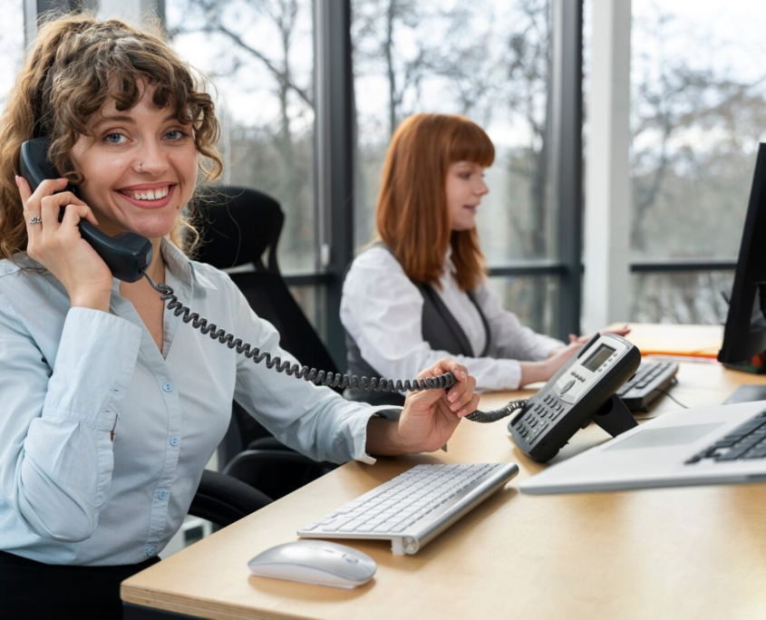 Two women in an office with one using a VOIP phone looking happy
