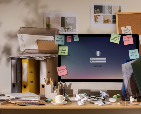 A messy and cluttered desk space with post it notes everywhere