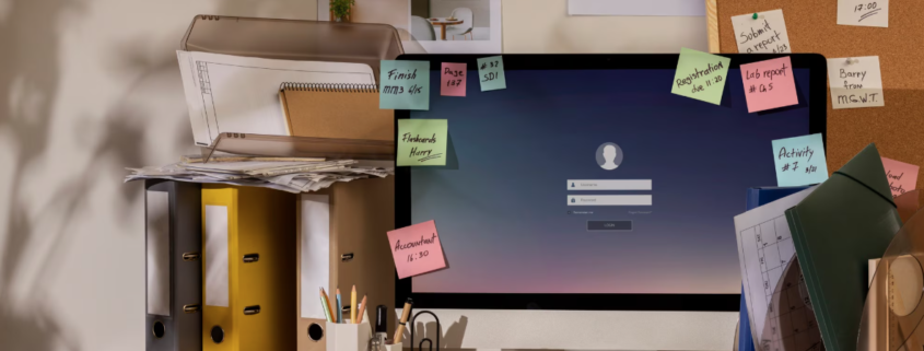 A messy and cluttered desk space with post it notes everywhere